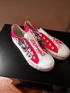 Ed Hardy Bright Pink & White Graphic Slip-Ons